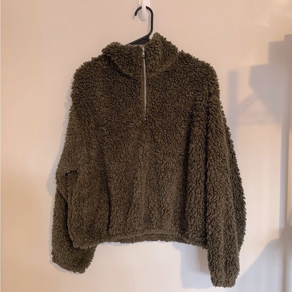 H&M Green Teddy Zip Pullover Jacket Women’s Medium Faux Shearling Fleece - Picture 1 of 9